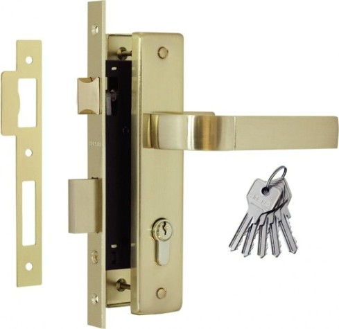 Замок врезной НОРА-М 107-70 Л цилиндровый комплект с ручками "Матовое золото" [16394]