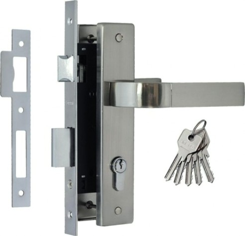 Замок врезной НОРА-М 107-70 Л цилиндровый комплект с ручками "Матовый никель" [16140]