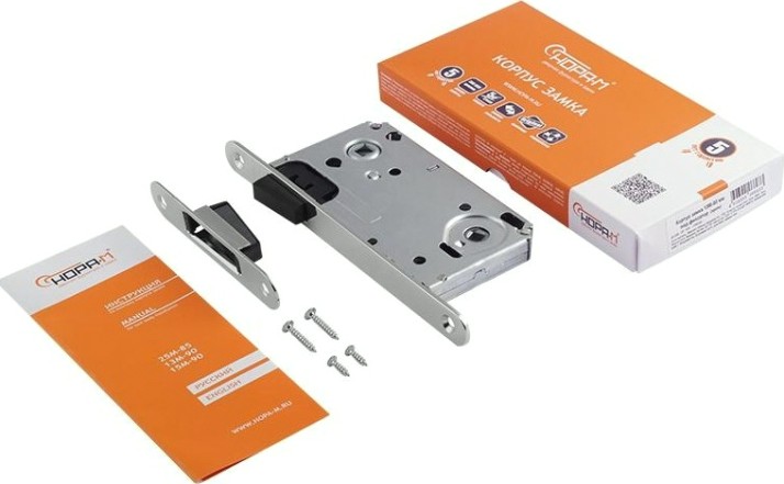 Замок врезной НОРА-М 13М-90 мм под фиксатор с магнитным ригелем "Хром" [14916]