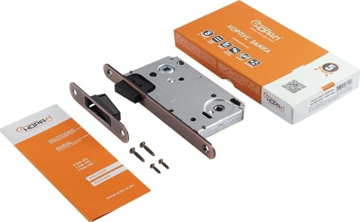 Замок врезной НОРА-М 13М-90 мм под фиксатор с магнитным ригелем "Старая медь" [14918]