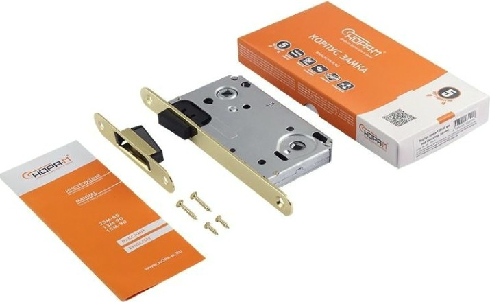 Замок врезной НОРА-М 13М-90 мм под фиксатор с магнитным ригелем "Золото" [14915]
