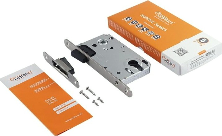 Замок врезной НОРА-М 25М-85 мм цилиндровый с магнитным ригелем "Матовый никель" [18519]