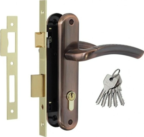 Замок врезной НОРА-М 96-70 Л цилиндровый комплект с ручками "Старая медь" [11872]