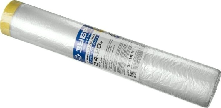 Защитная пленка ЗУБР ПРОФЕССИОНАЛ с клейкой лентой, hdpe, 10мкм, 2,4х20м [12250-240-20]
