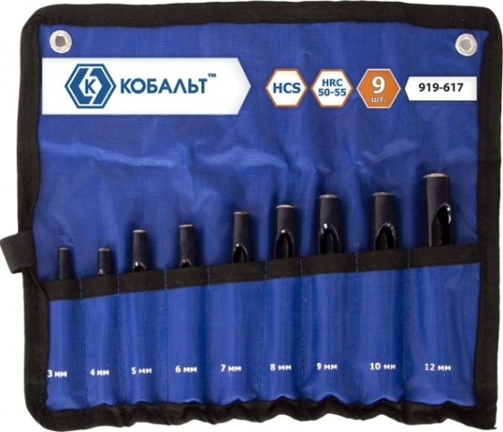 Зубило Кобальт 919-617 набор просечек 3,4,5,6,7,8,9,10,12 мм (9 шт.) чехо