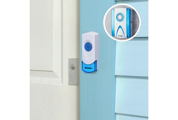 Звонок дверной REXANT 73-0030 беспроводной, 100м кнопка IP44 (белый/синий) RX-3